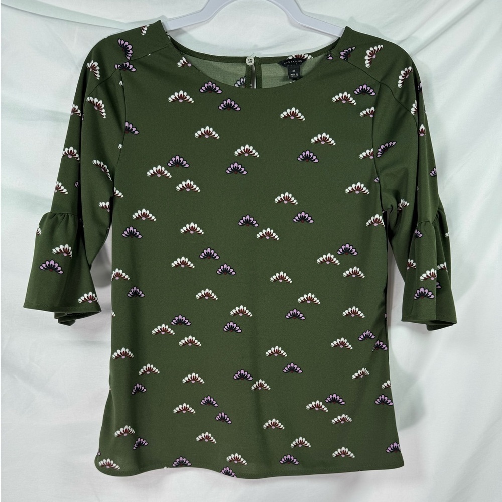 Ann Taylor Olive Green With Print Elbow Flutter Sleeve Blouse XS